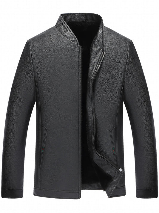 Men's Casual PU Leather Jacket Thick Fleece Thermal Zipper Jacket