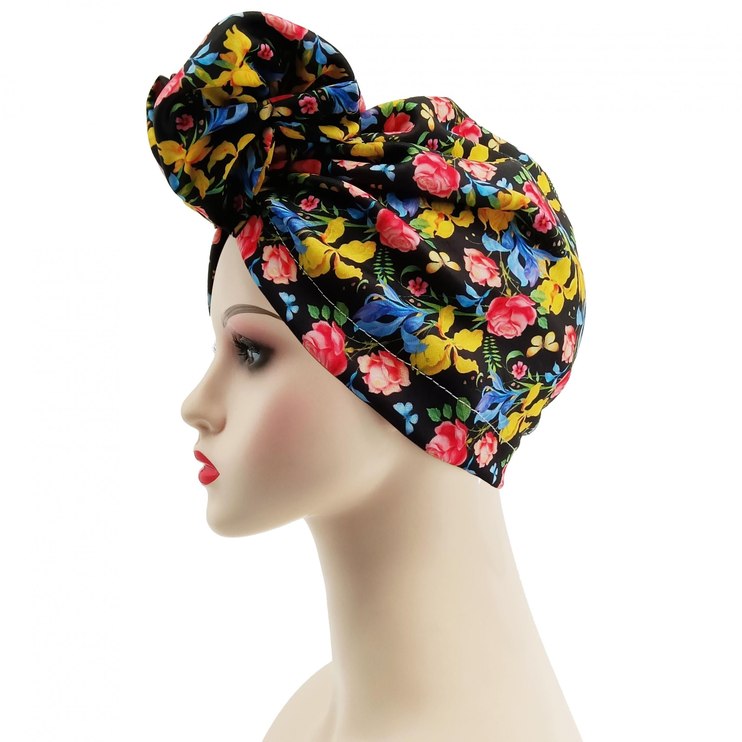 Boho Flower Print Turban Cap Pleated Headwrap Casual Head Scarf