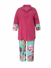  Colorblock Floral Print Blouse & Pants Set