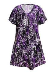  Casual Dress Women's Plus Random Print V Neck Medium Stretch Dress