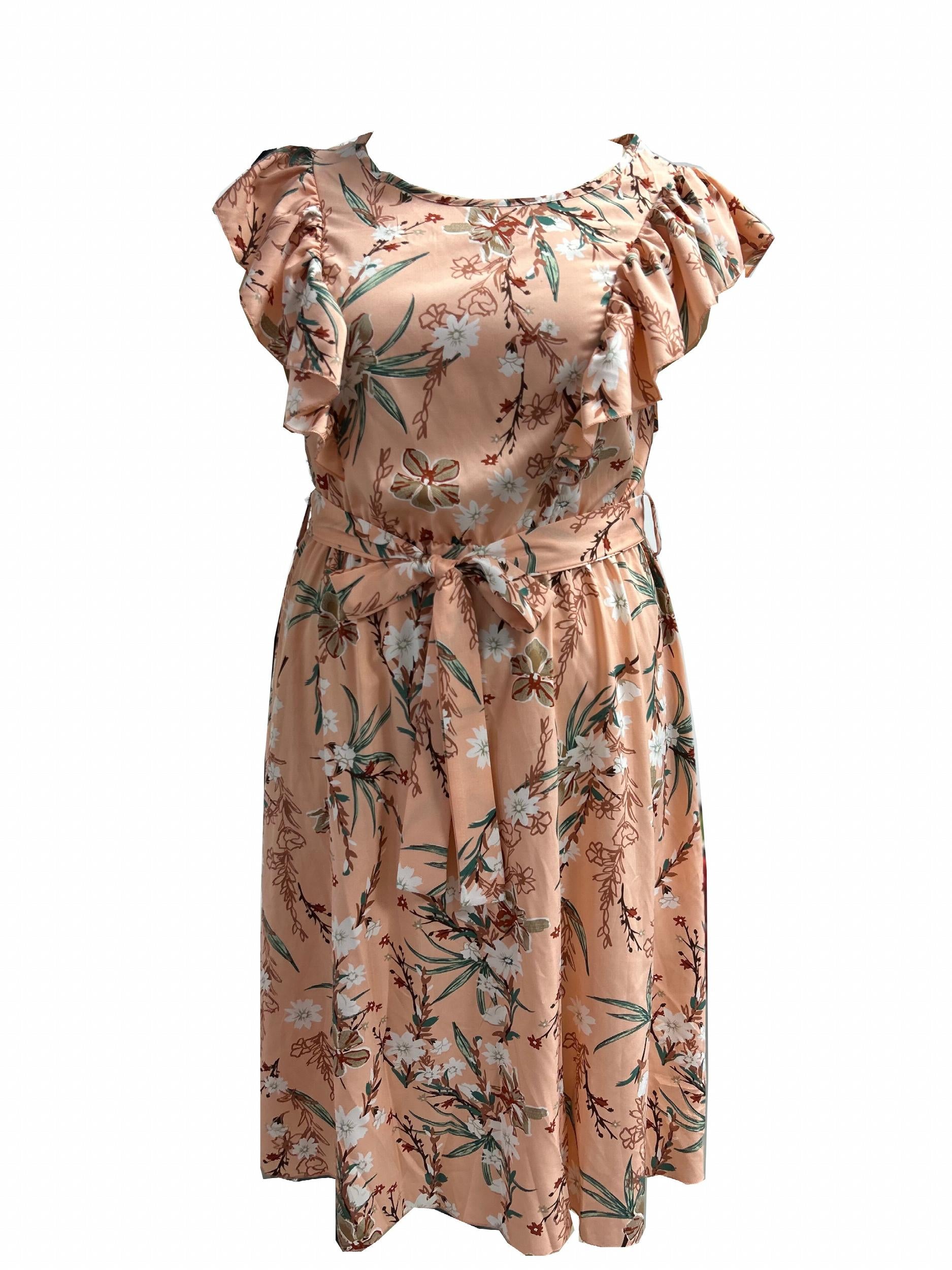  Floral Print Ruffle Trim Cap Sleeve Midi Dress With Belt