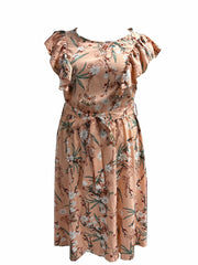  Floral Print Ruffle Trim Cap Sleeve Midi Dress With Belt