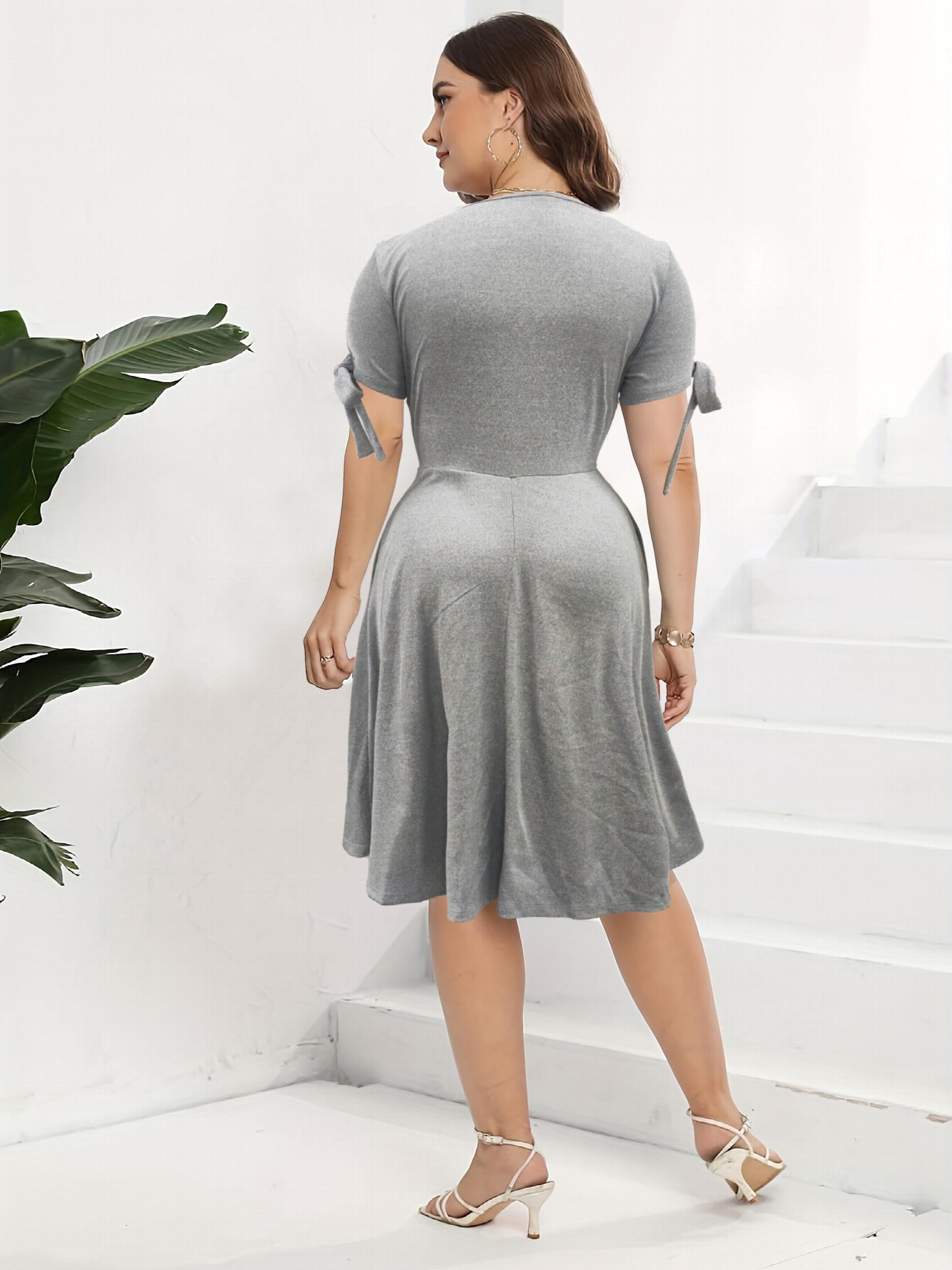  Lace Trim Button Decor Short Sleeve Dress