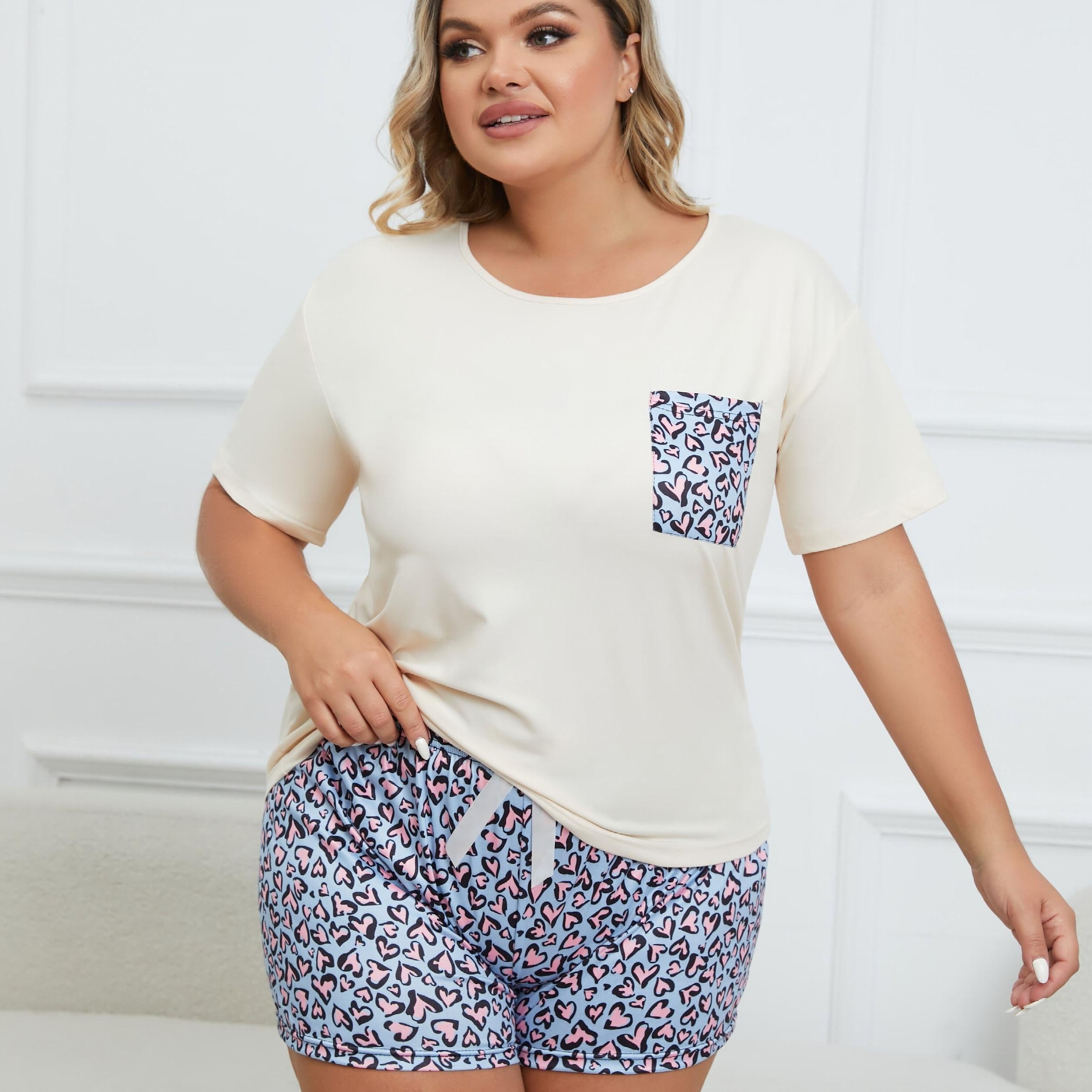  Leopard Heart Print Pajama Set Women's Casual Tee & Shorts