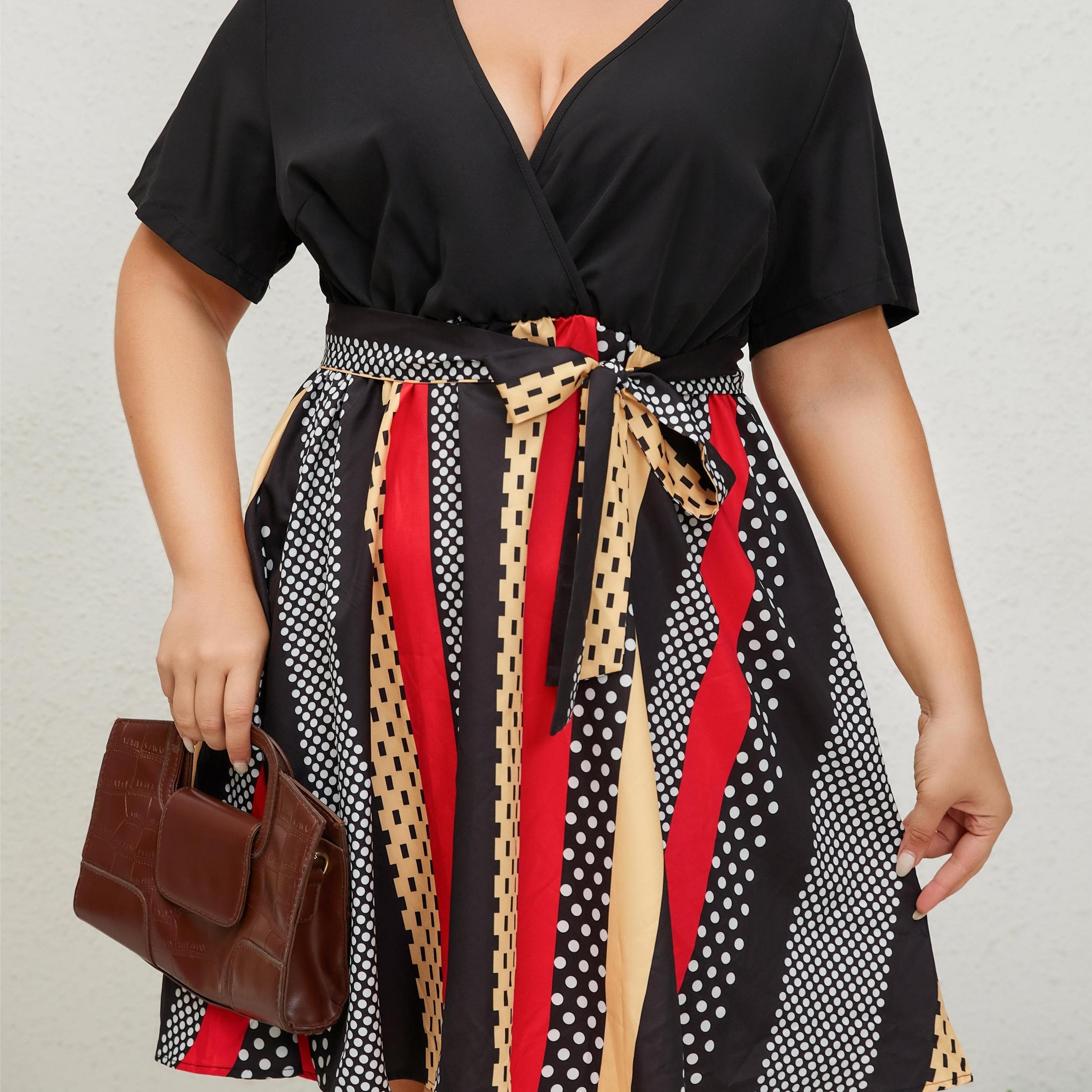  Colorblock Polka Dot Print Short Sleeve Dress