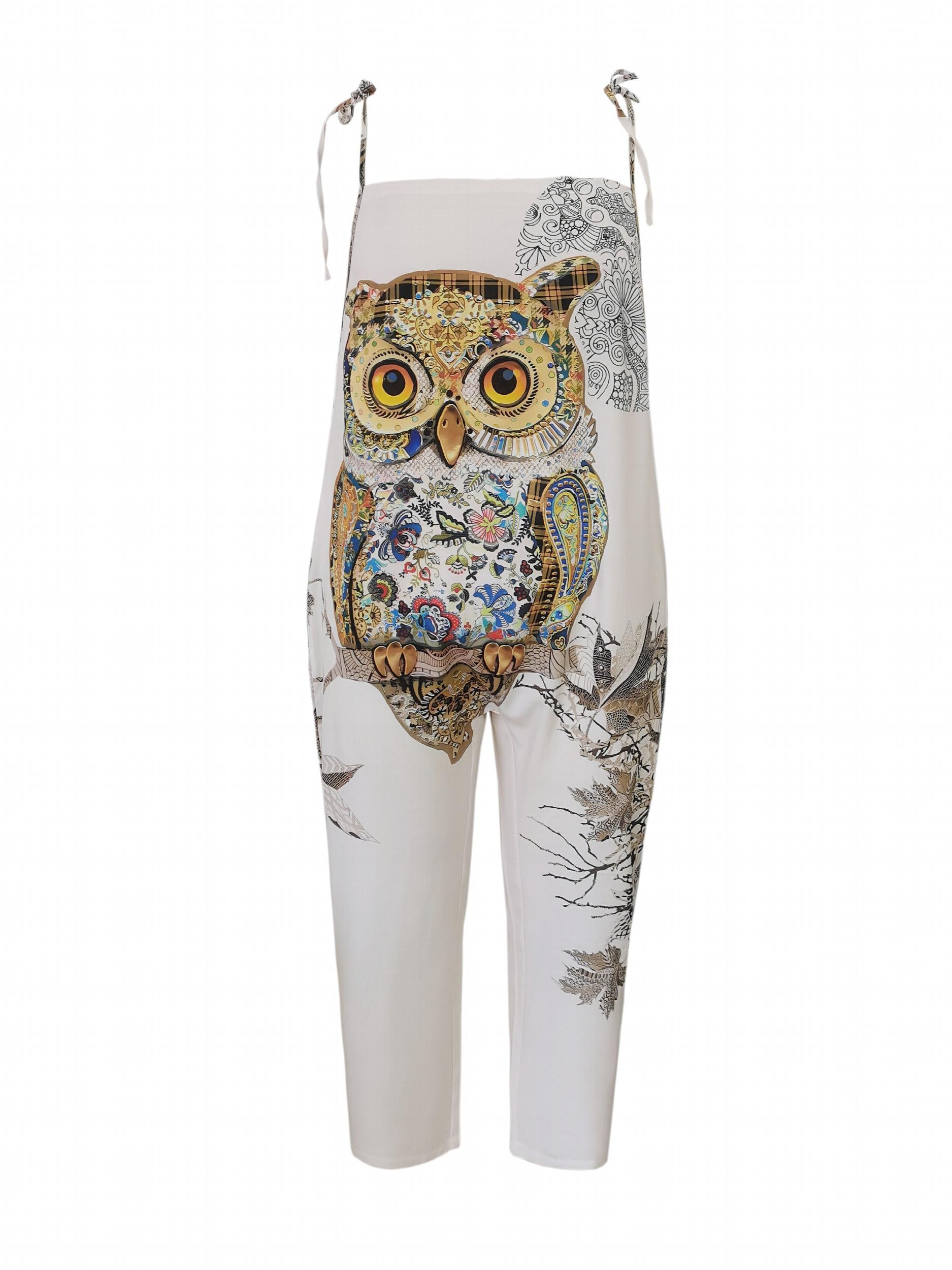  Owl Print Square Neck Tie Shoulder Jumpsuit