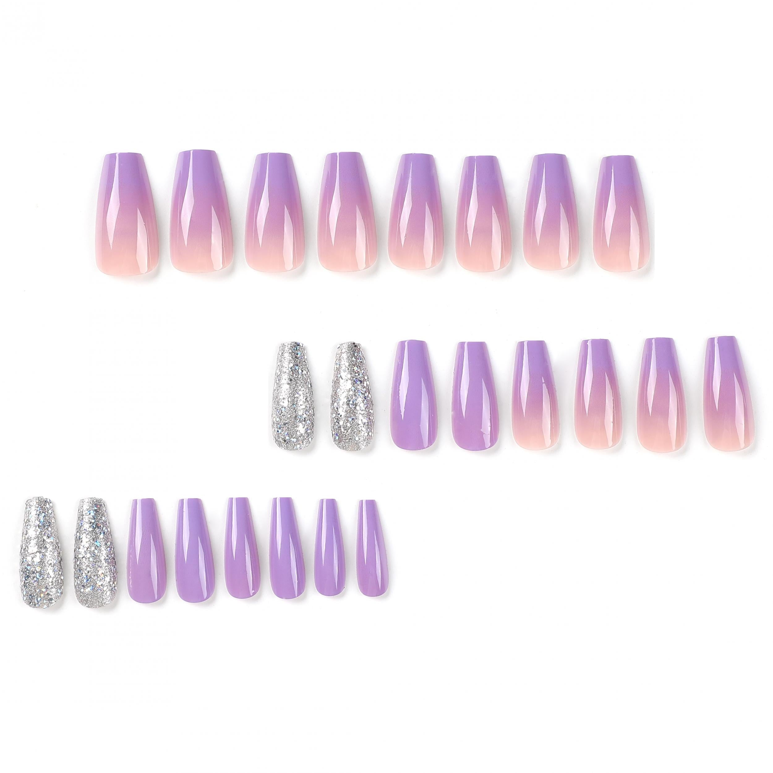 24 pcs Gradient Purple Coffin Glitter Press On Nails Glossy False Nails