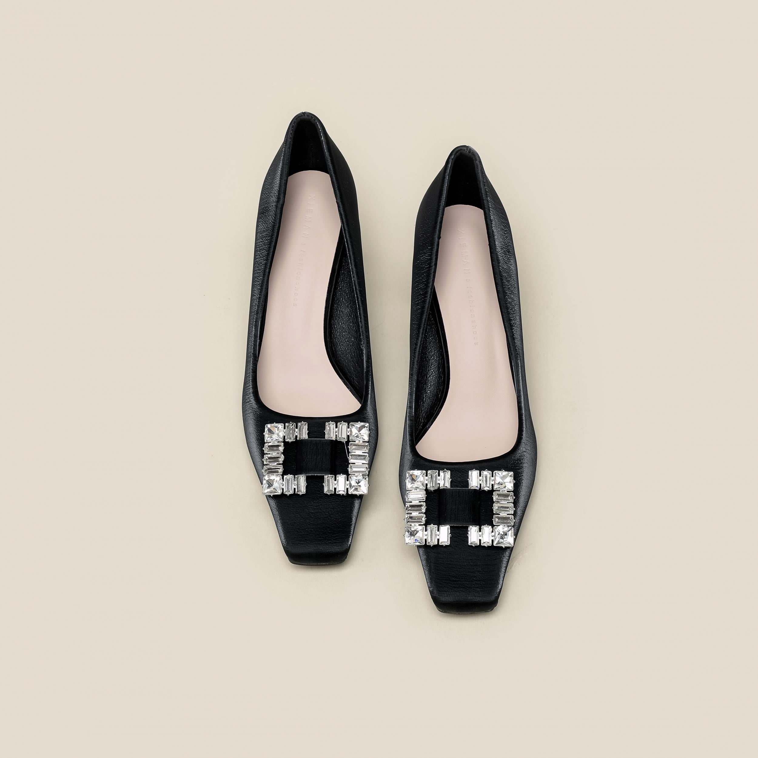 Women's Rhinestone Decor Chunky Heels Square Toe Slip On Shoes