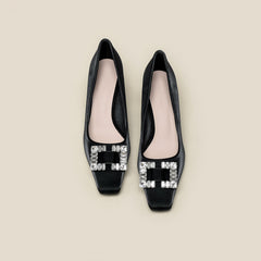 Women's Rhinestone Decor Chunky Heels Square Toe Slip On Shoes