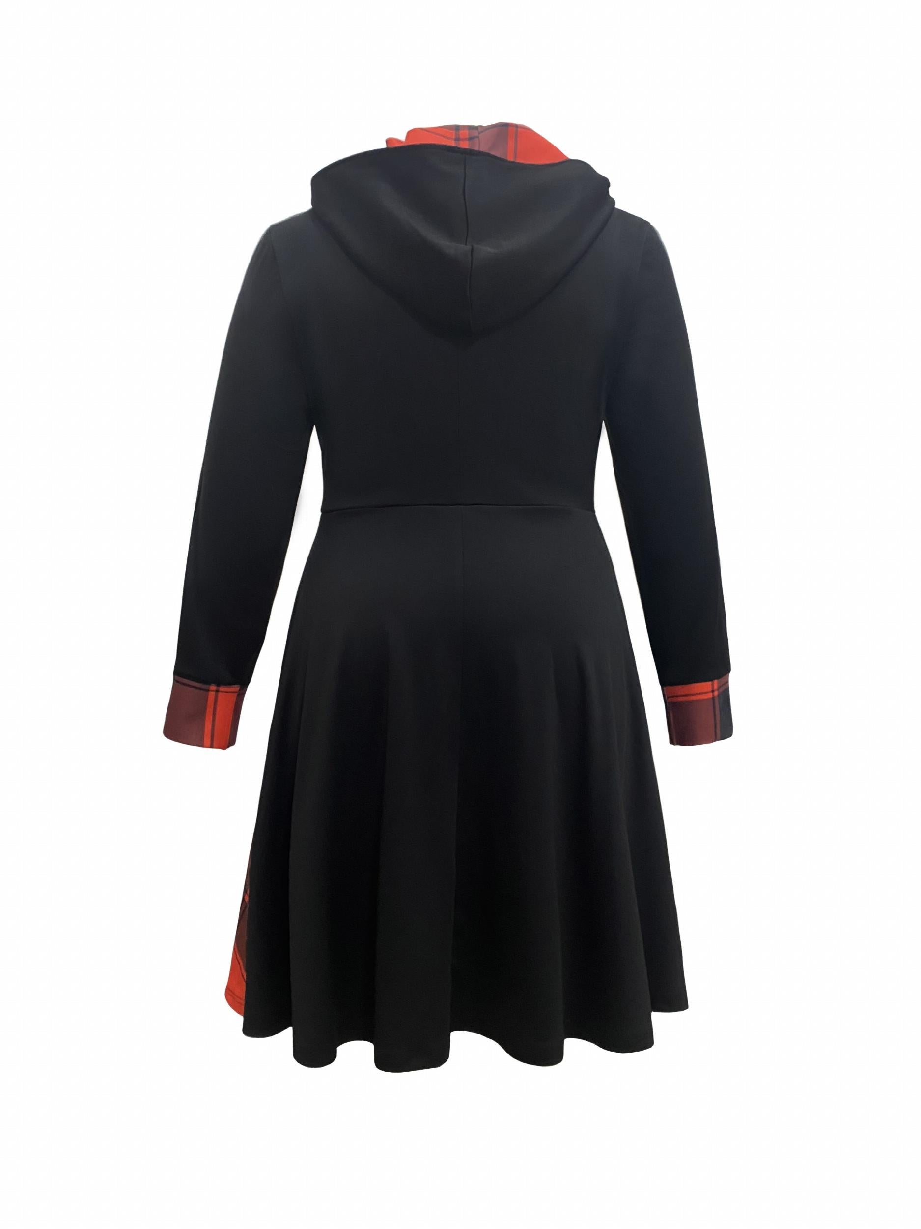  Colorblock Plaid Print Hooded Dress
