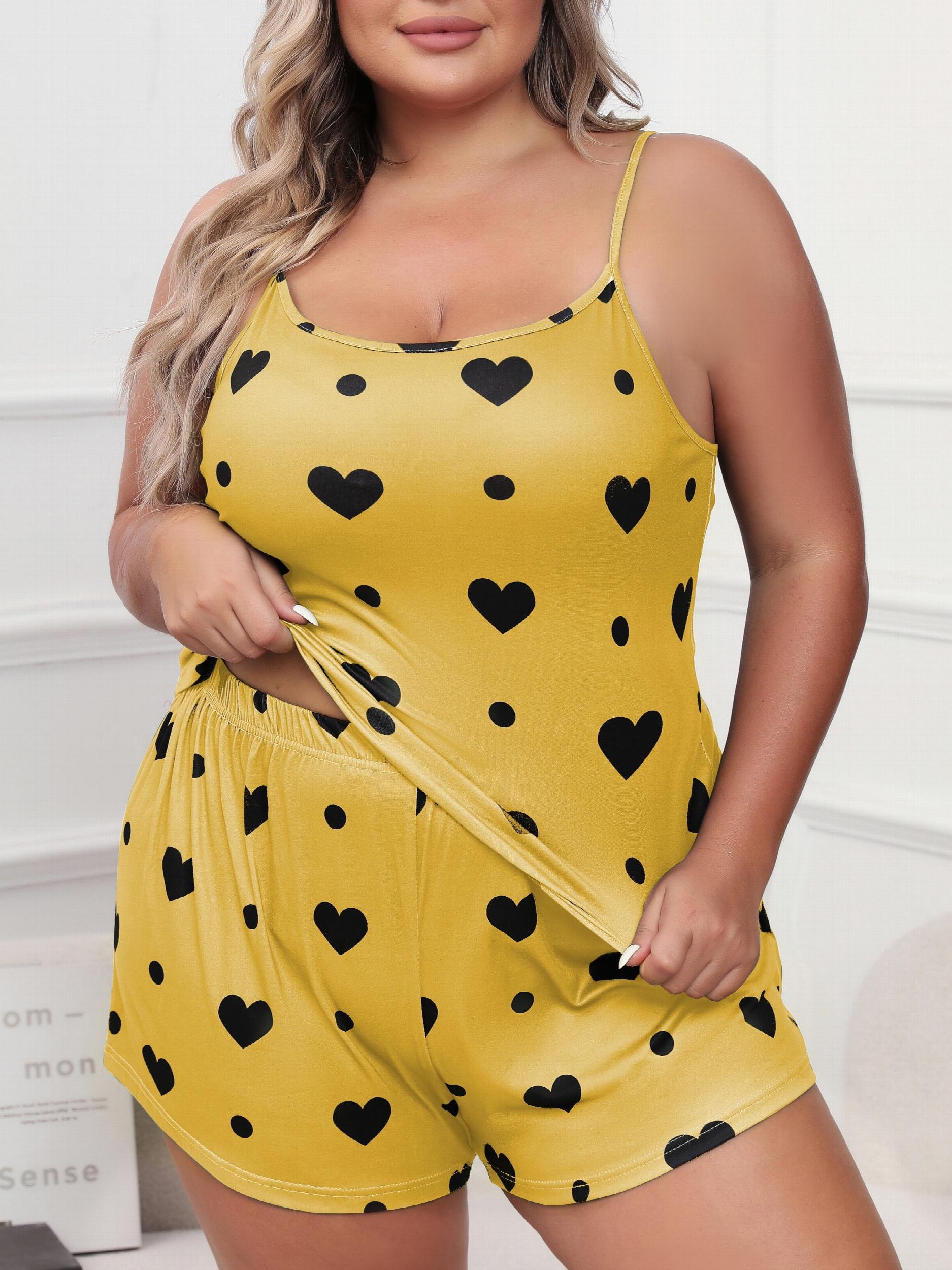  Heart & Dot Print Pajama Set Women's Cami Top & Shorts Two Piece