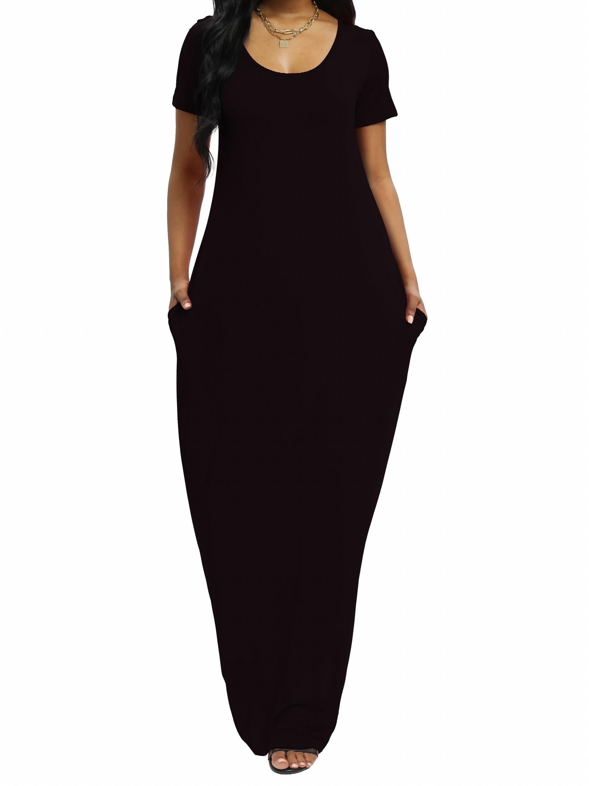  Solid V Neck A Line Short Sleeve Maxi T shirt Dress