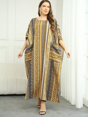  Patchwork Print Batwing Sleeve Loose Fit Maxi Jalabiya Dress