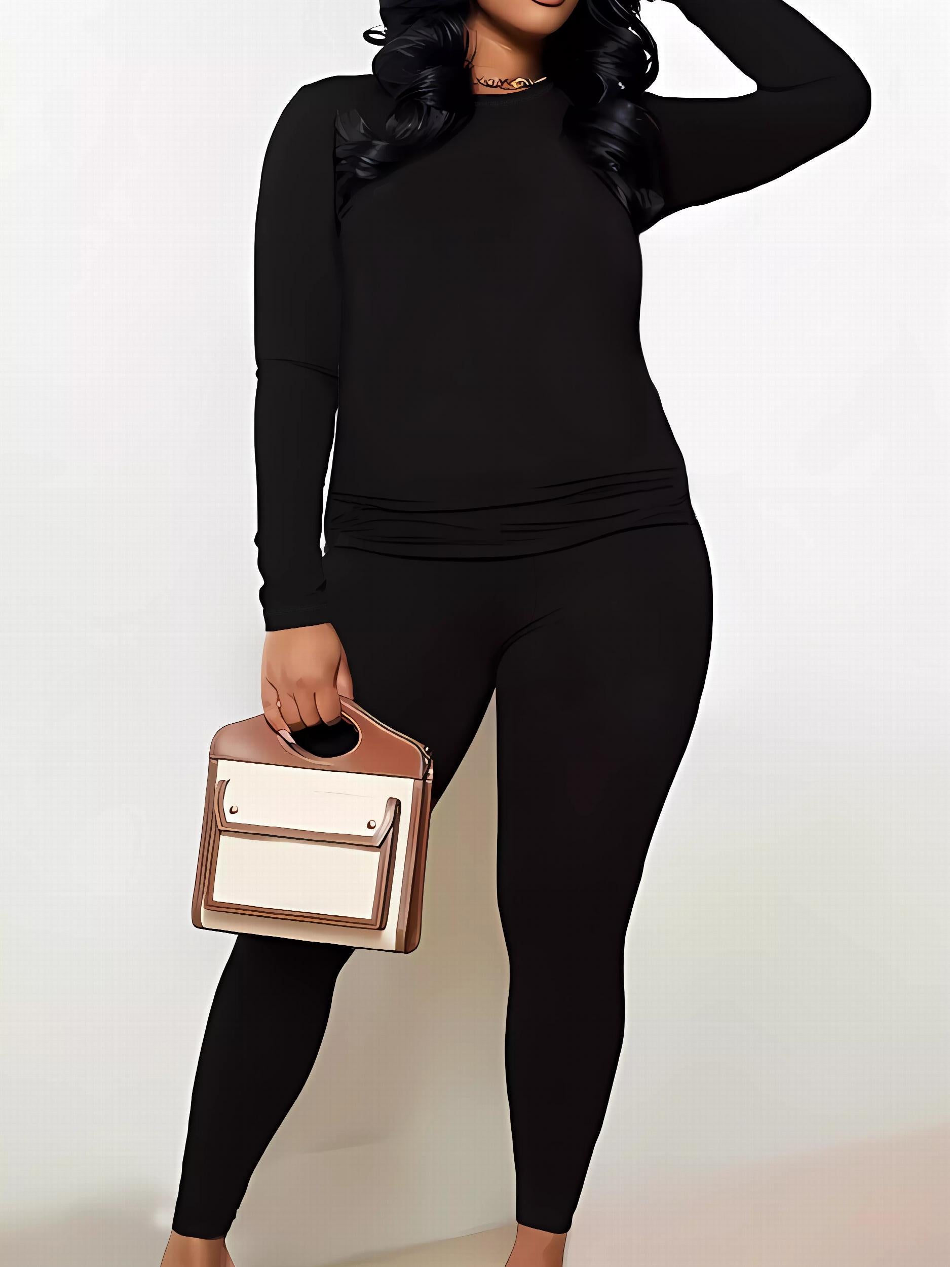  Solid Long Sleeve Top & Leggings Set