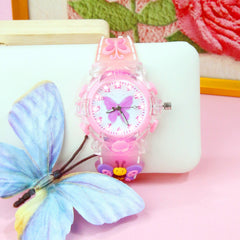 Butterfly Quartz Watch Glowing Hands Soft Silicone Strap Pink Dial Charms