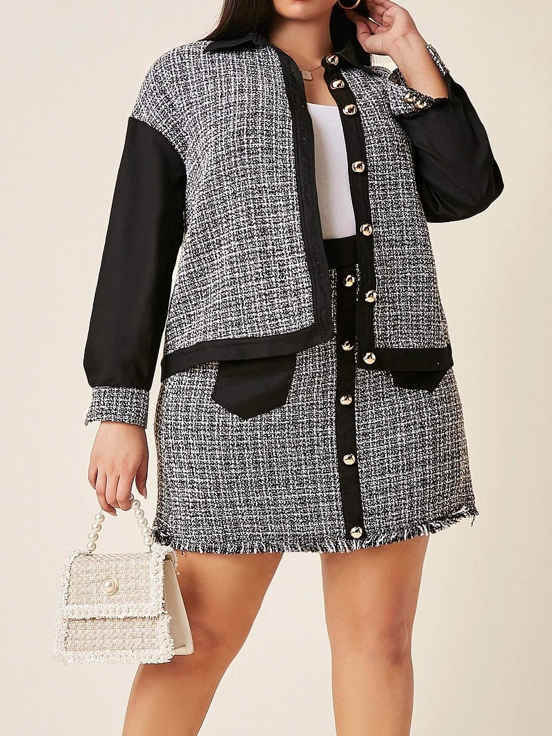  Colorblock Tweed Long Sleeve Coat & Midi Skirt Outfit Set