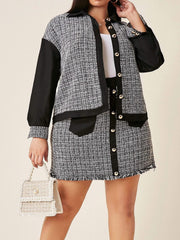 Colorblock Tweed Long Sleeve Coat & Midi Skirt Outfit Set