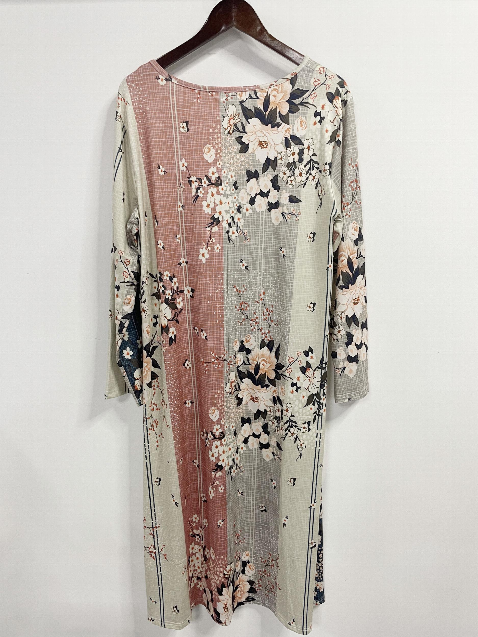  Boho Colorblock Floral Print Long Sleeve Maxi Dress
