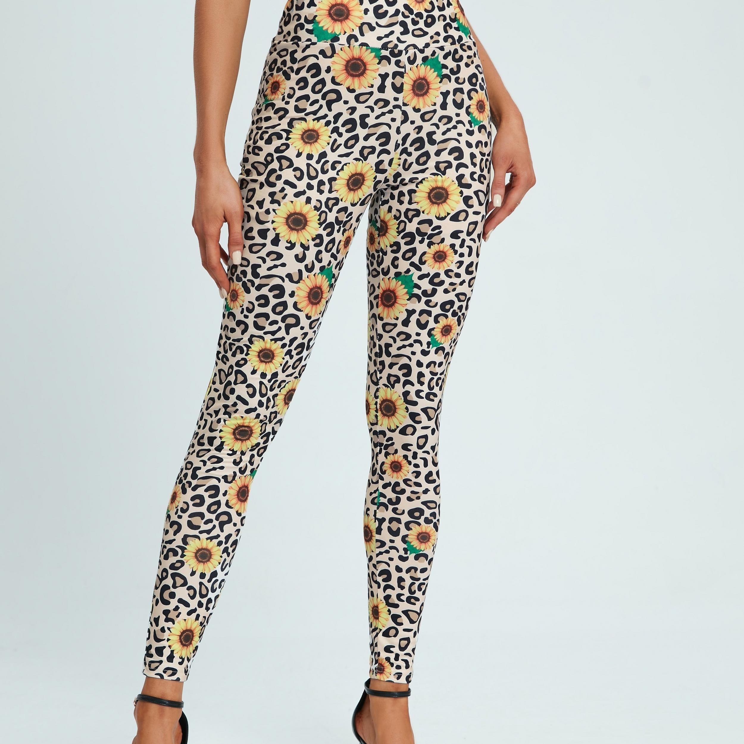 Leopard & Sunflower Print Leggings Stretchy Women's Clothing