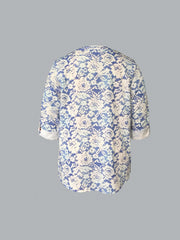 Floral Print Roll Up Sleeve Button Up Tunic Top