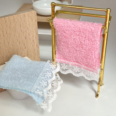 Dollhouse Golden Towel Rack Set with Pink Towels