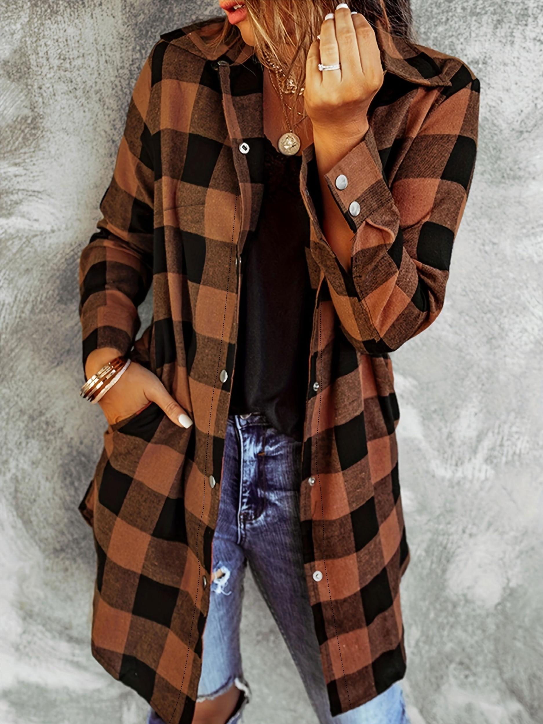  Plaid Print Long Sleeve Button Up Tunic Shirt