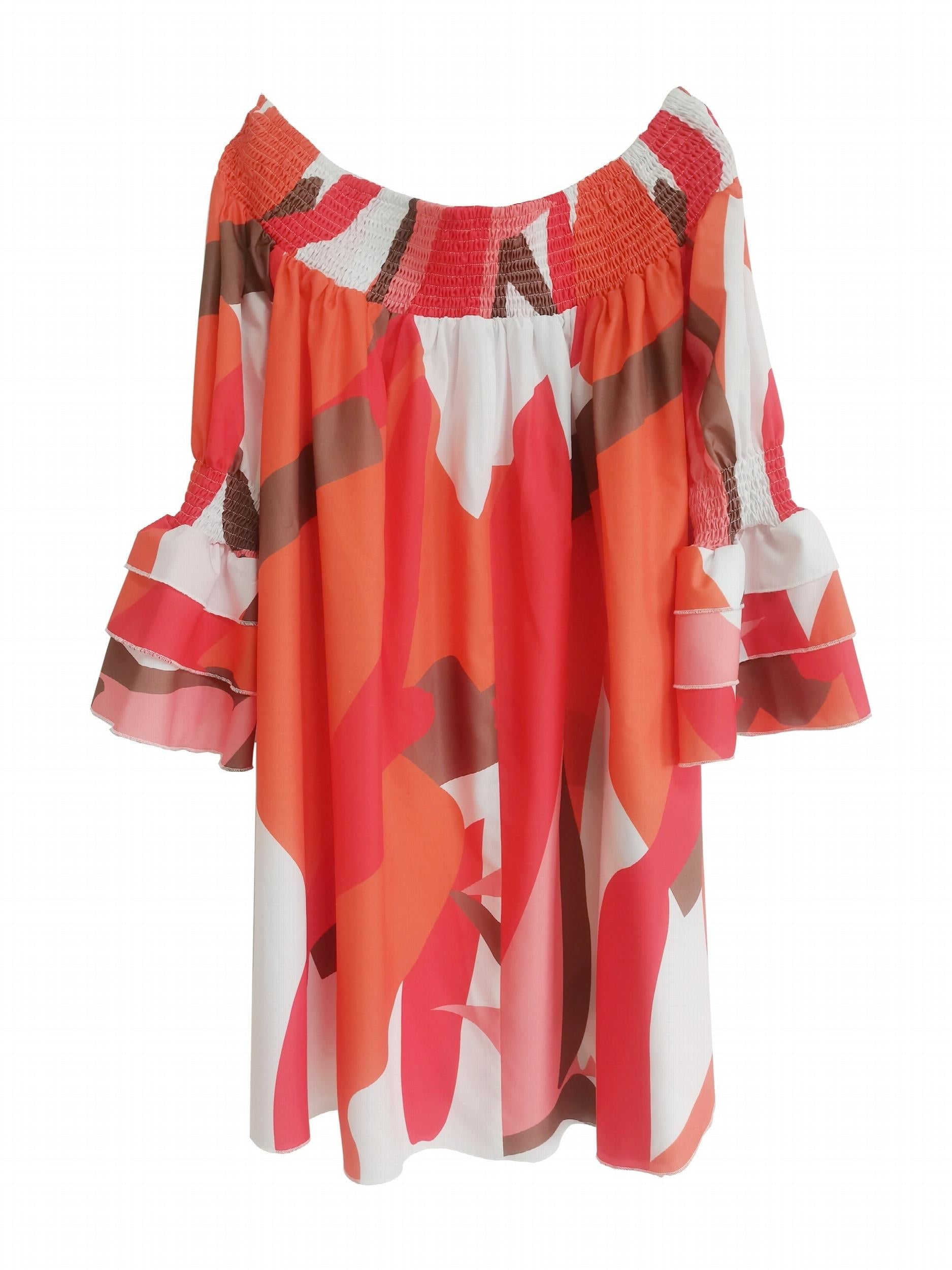  Off Shoulder Layered Bell Sleeve Loose Fit Dress