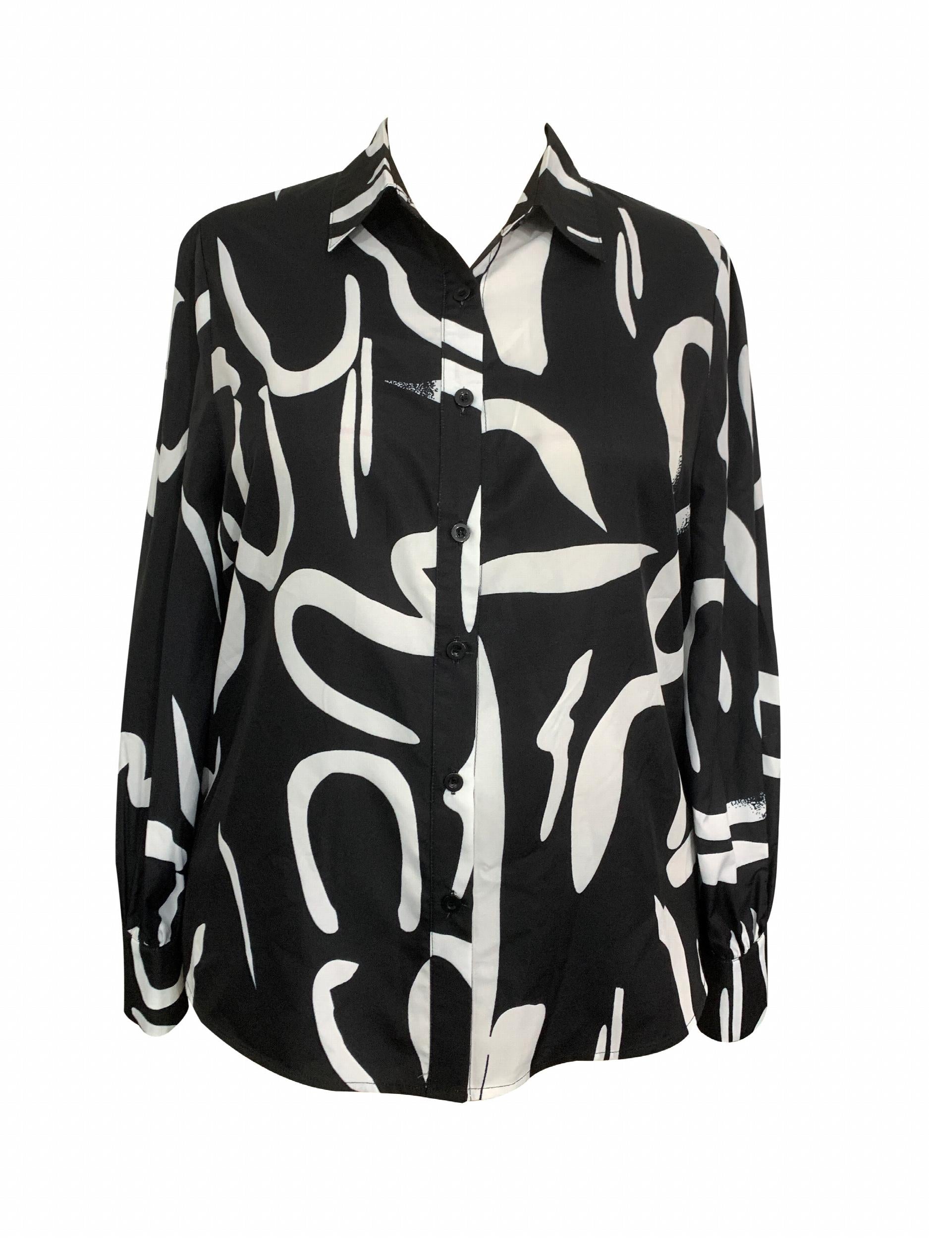  Graffiti Print Button Up Lantern Sleeve Blouse