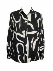  Graffiti Print Button Up Lantern Sleeve Blouse