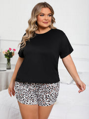  Casual Pajama Set Short Sleeve Tee & Leopard Print Shorts