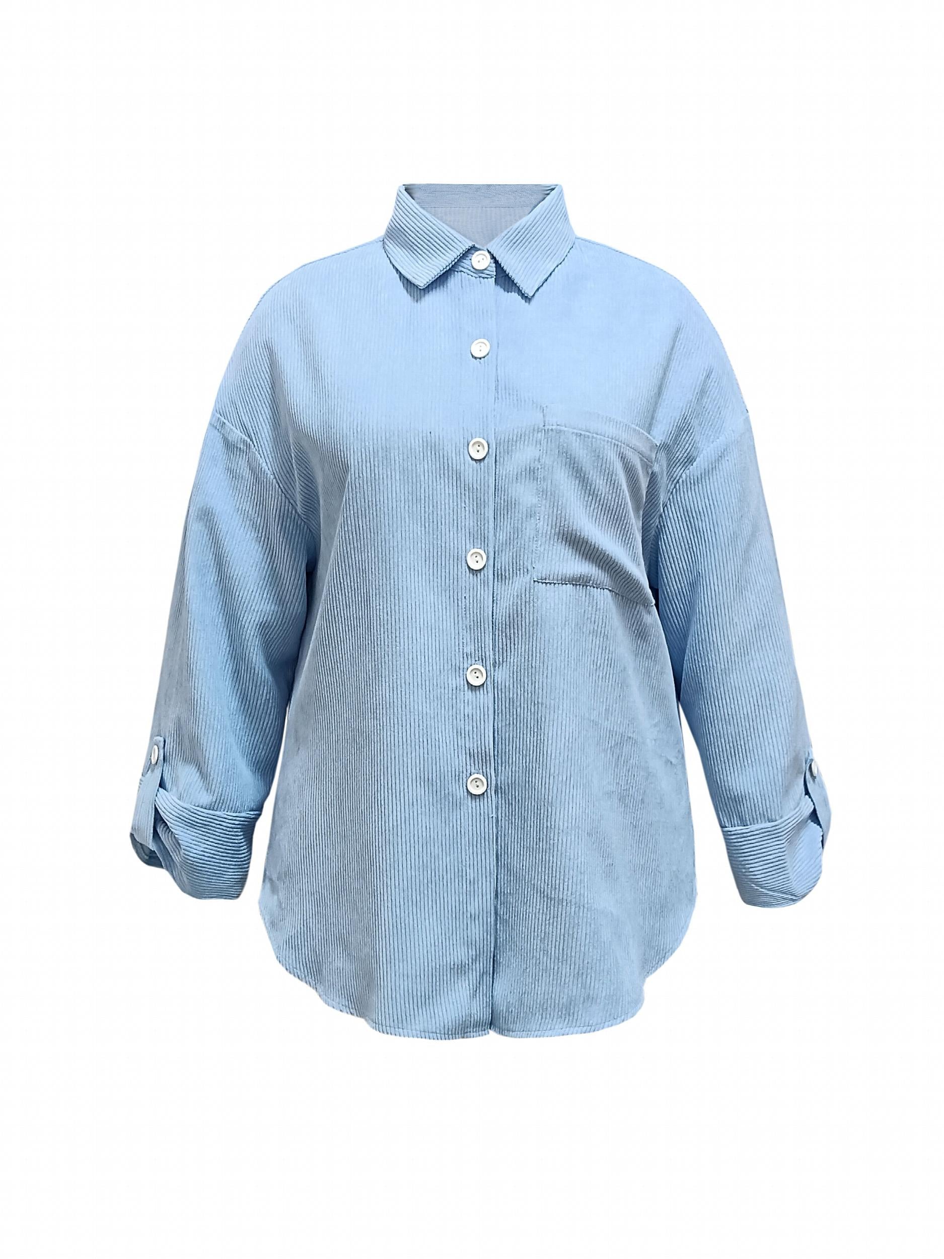  Corduroy Roll Up Sleeve Button Up Collar Top