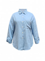  Corduroy Roll Up Sleeve Button Up Collar Top
