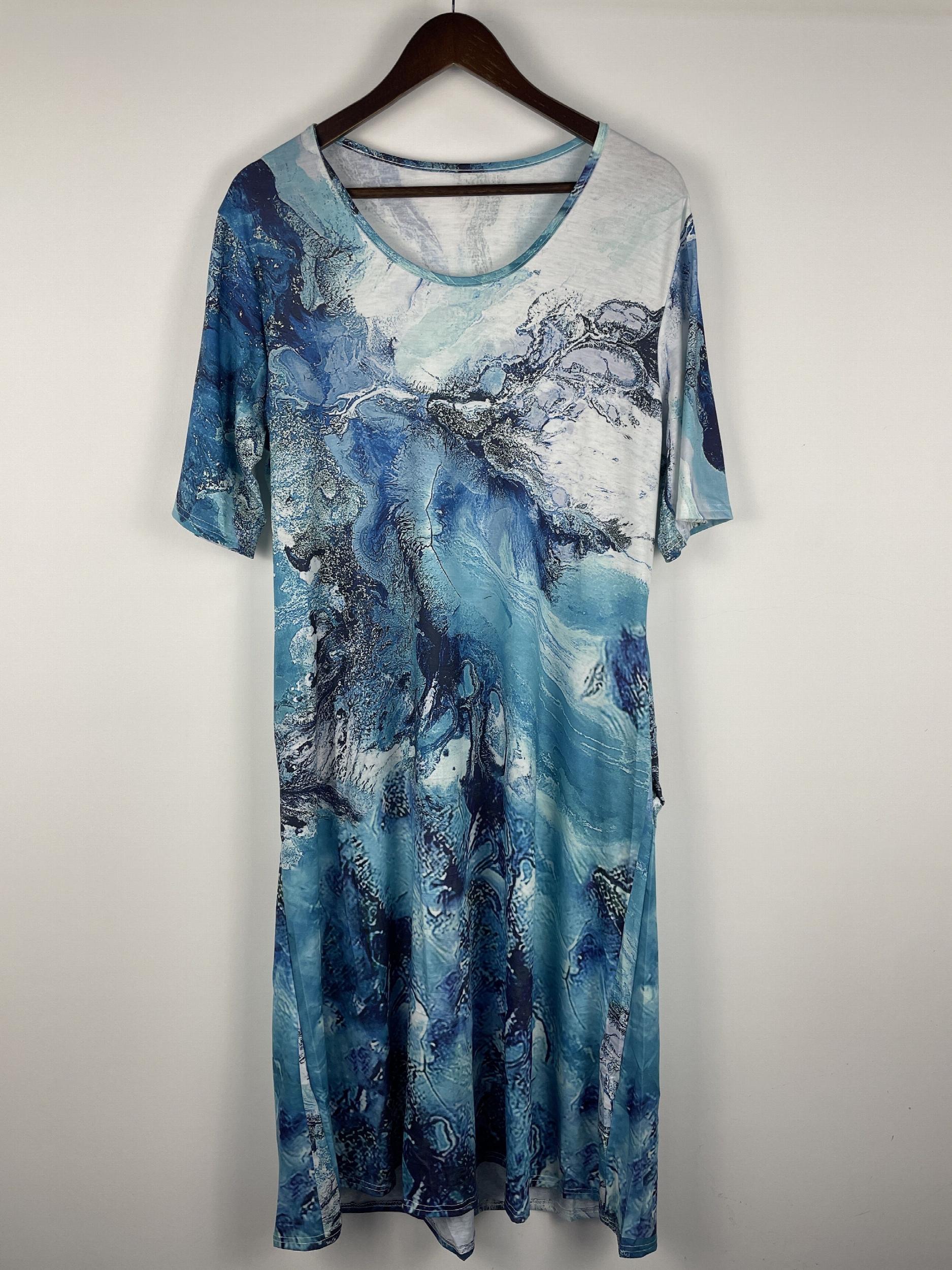  Marble Print Short Sleeve Dress with Pockets