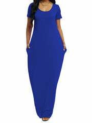  Solid V Neck A Line Short Sleeve Maxi T shirt Dress