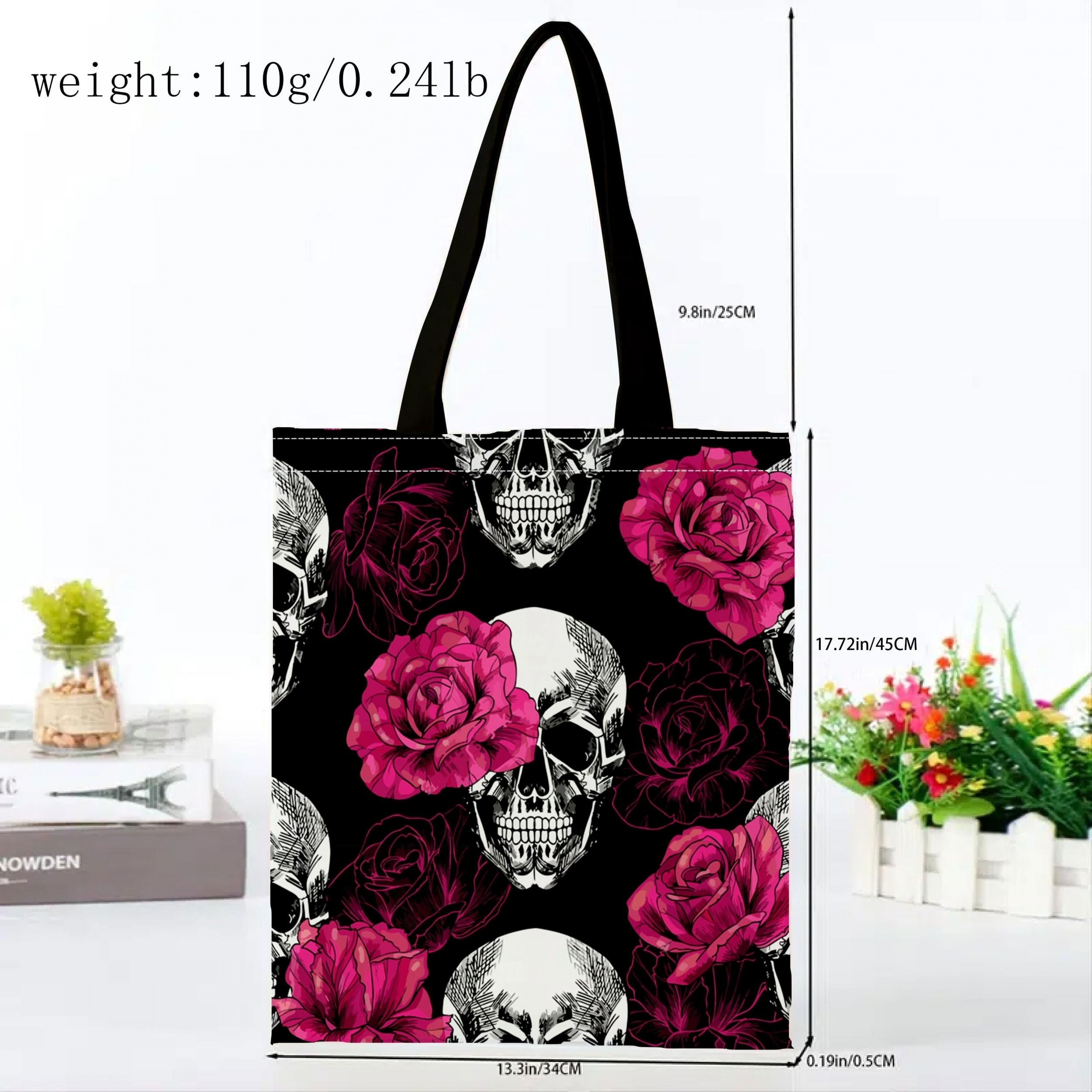 Canvas Tote Bag Skull & Floral Print Lightweight Shopping Bag