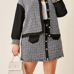  Colorblock Tweed Long Sleeve Coat & Midi Skirt Outfit Set