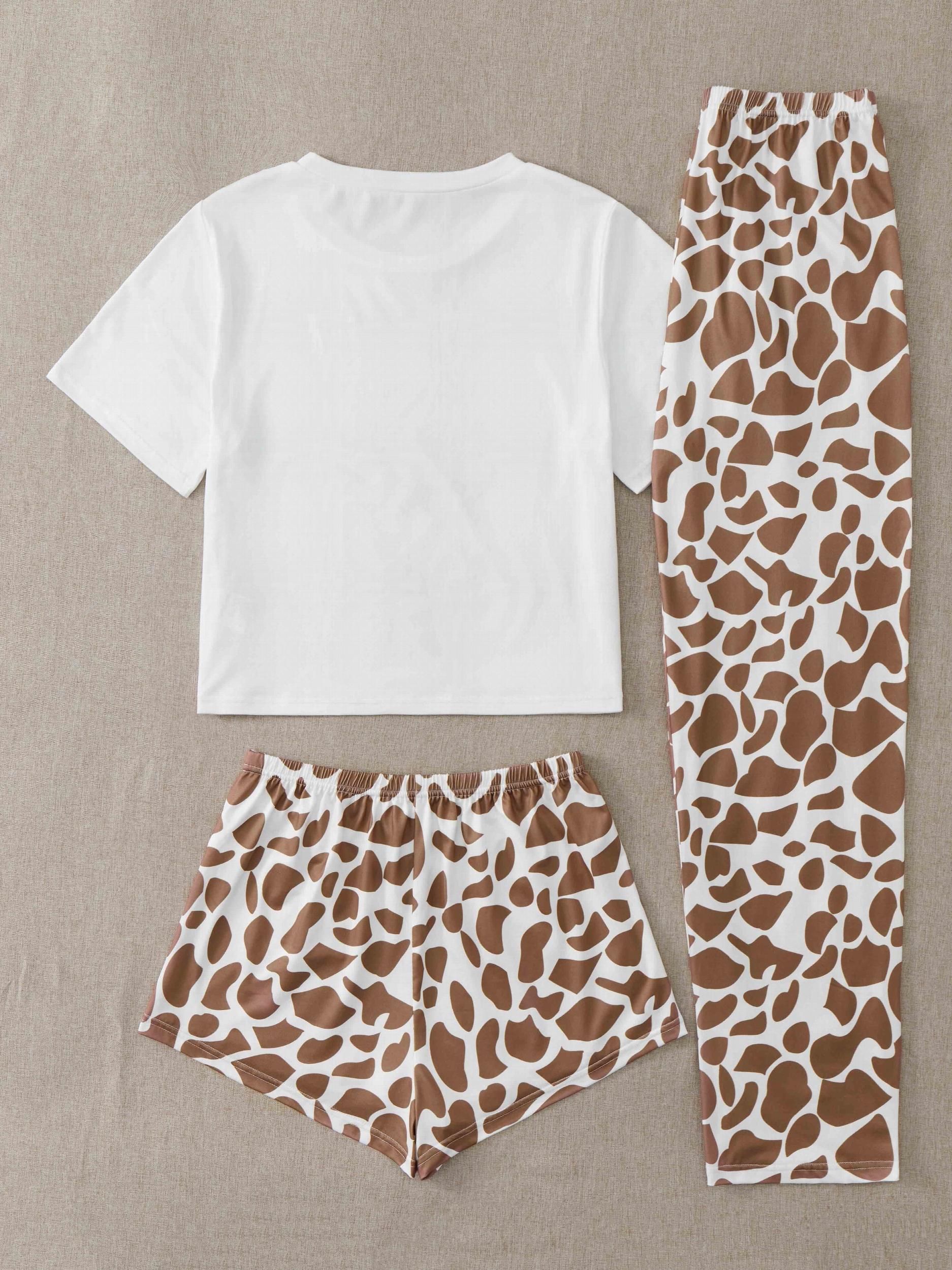 Giraffe Print Pajama Set Short Sleeve Crew Neck Top & Leopard Shorts & Pants