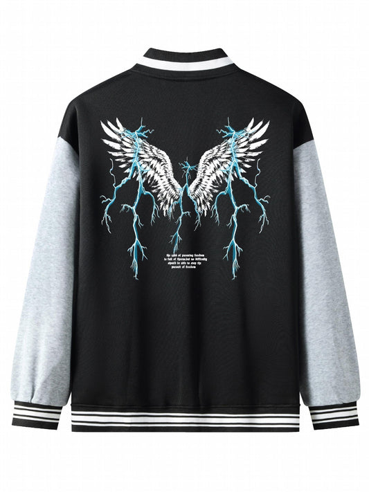 Lightning Wing Pattern Lightweight Varsity Jacket Men's Fall Winter