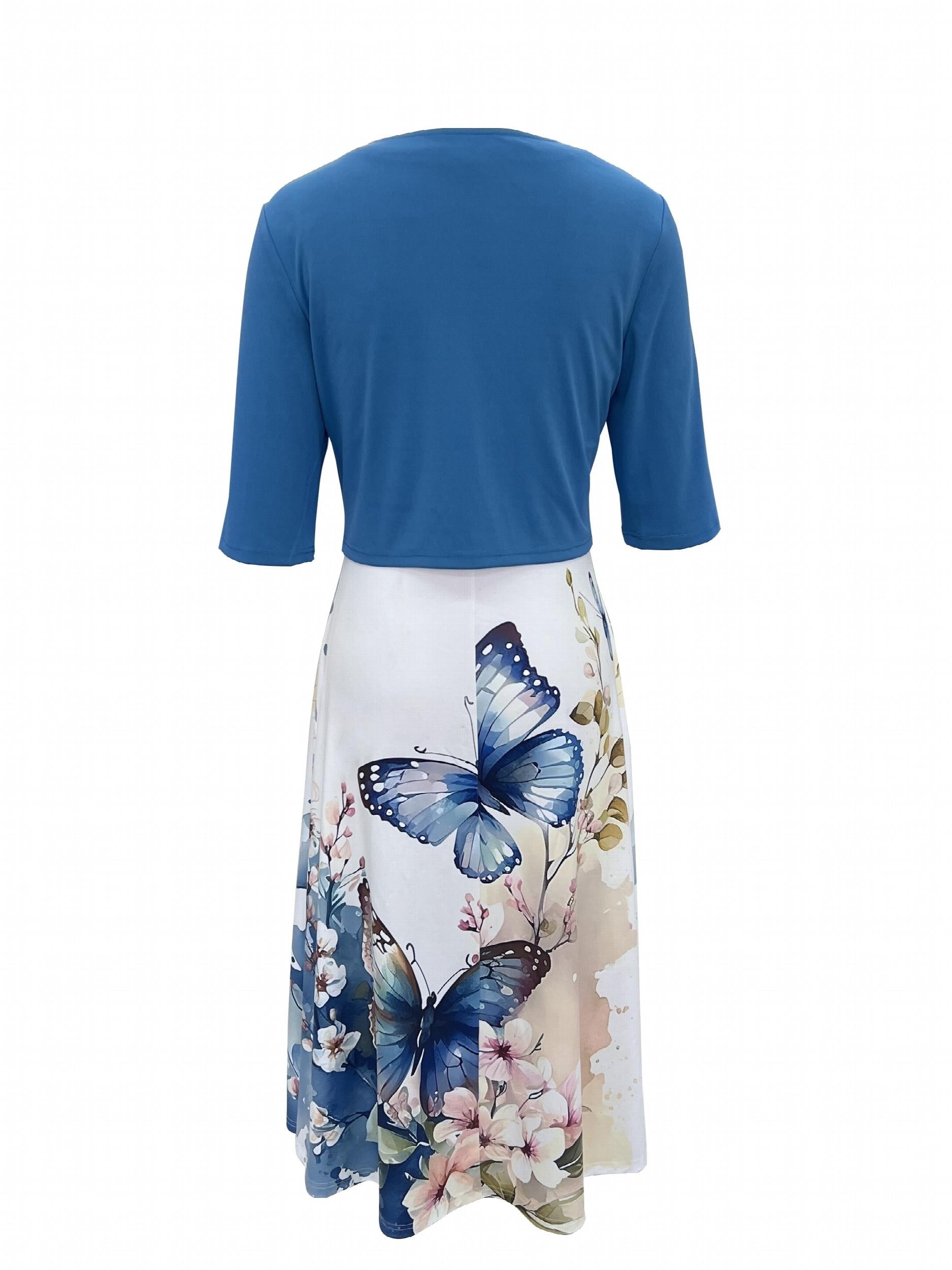 Solid Cardigan & Butterfly Print Dress Set Women's Clothing