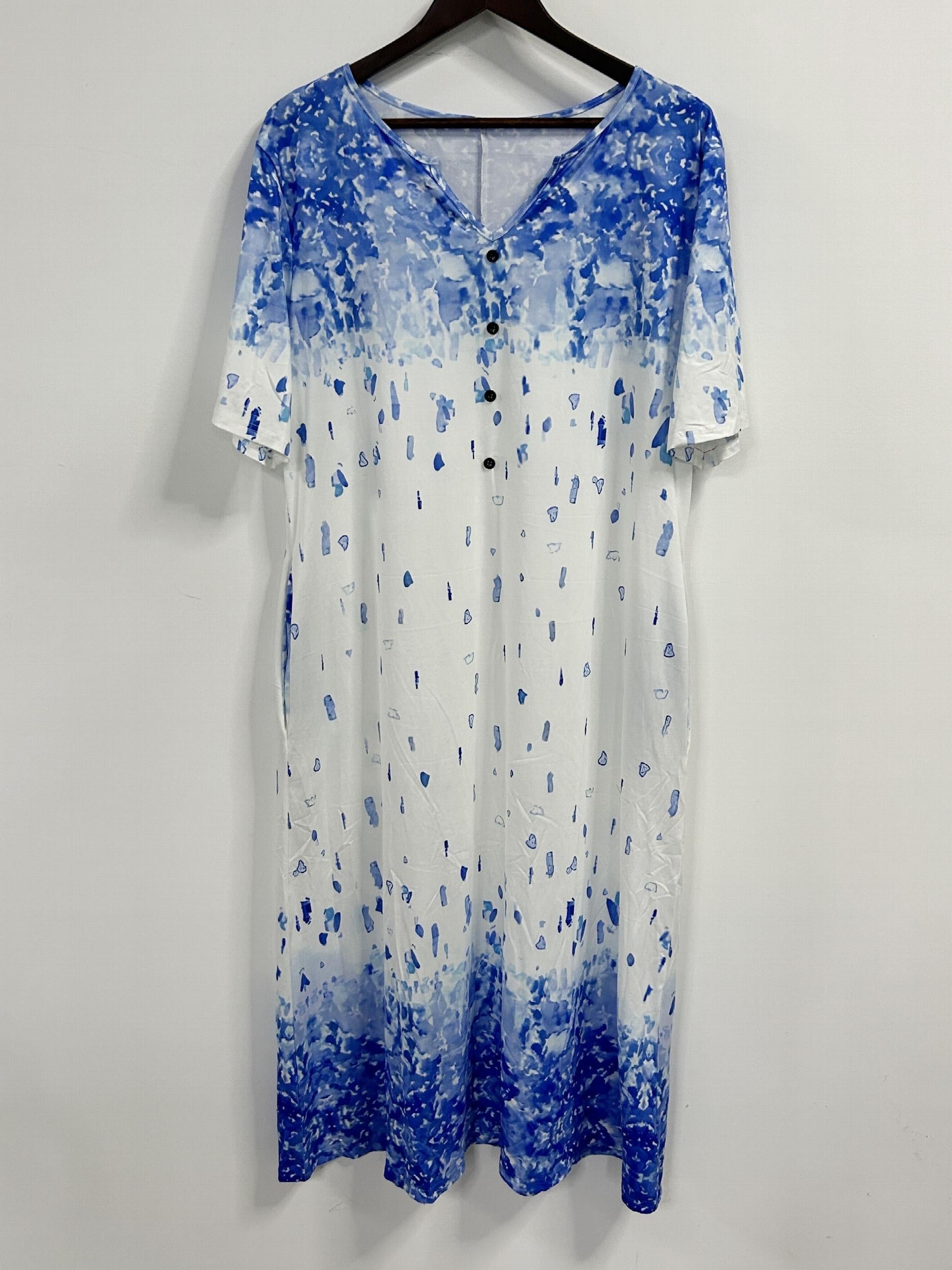  Floral Print Button Decor Short Sleeve Midi Dress