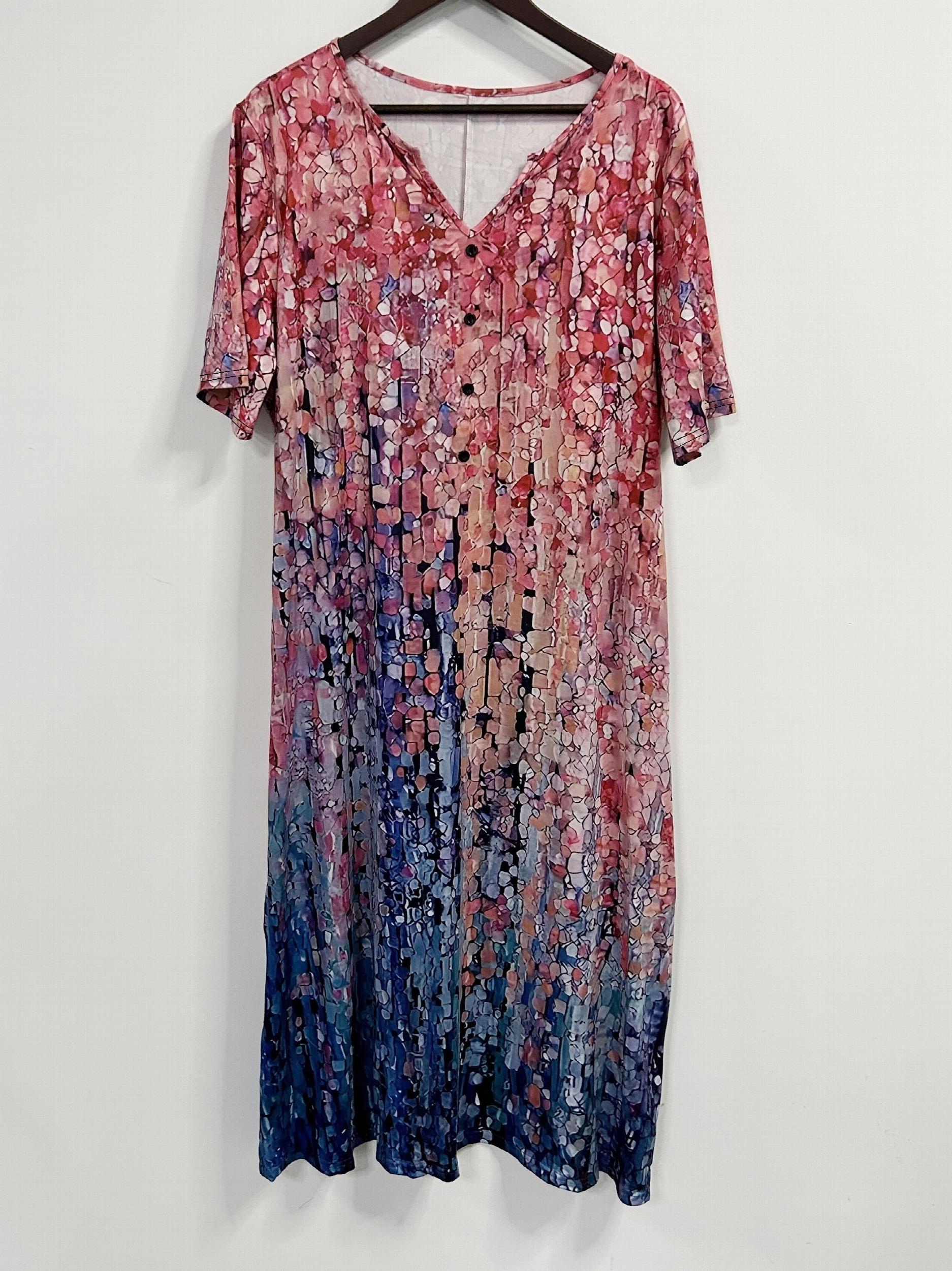  Allover Print Short Sleeve V Neck Dress With Pockets