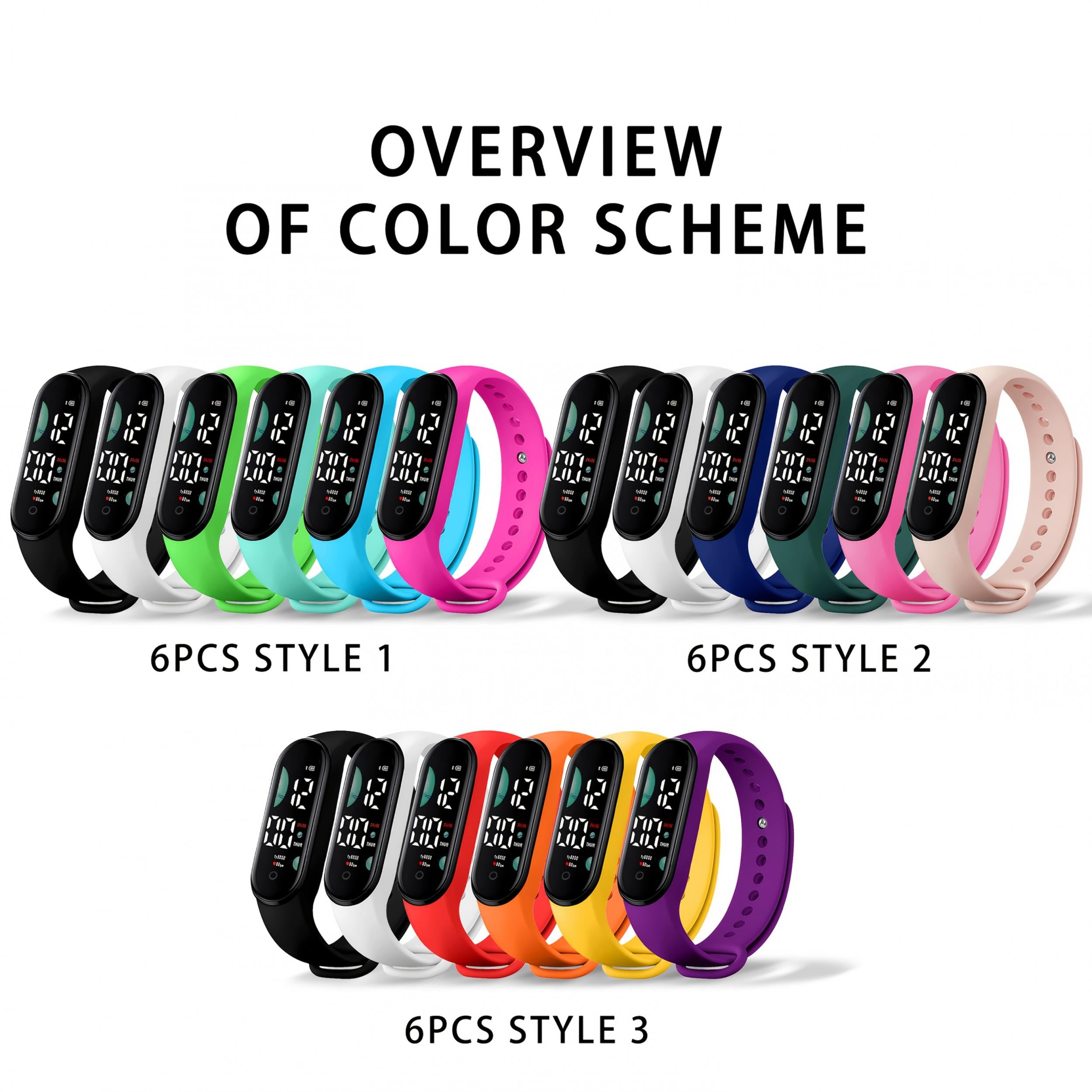 6pcs LED Sports Watch 24H Display Durable PVC Strap for Kids