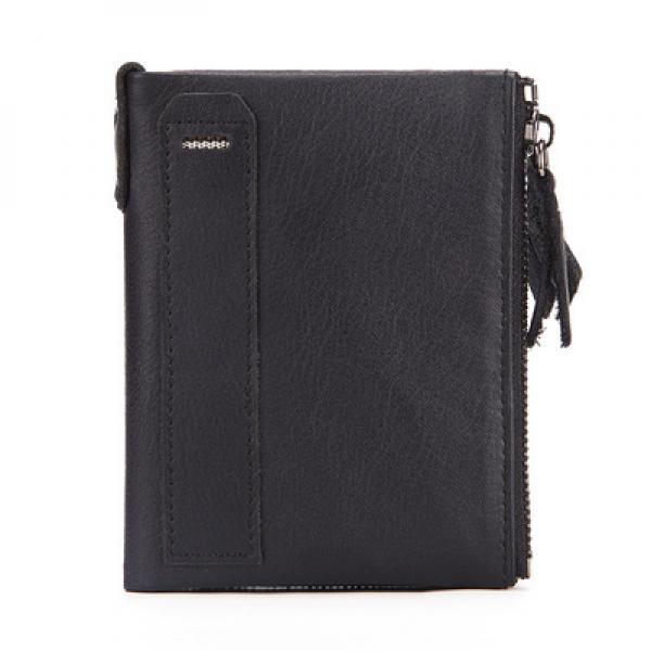 Men's Leather Wallet Double Zipper Coin Purse Short Oil Wax Leather Wallet