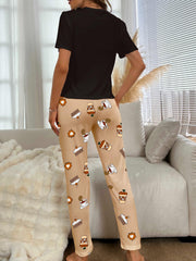 Letter Print Pajama Set Short Sleeve Top & Pants Sleepwear