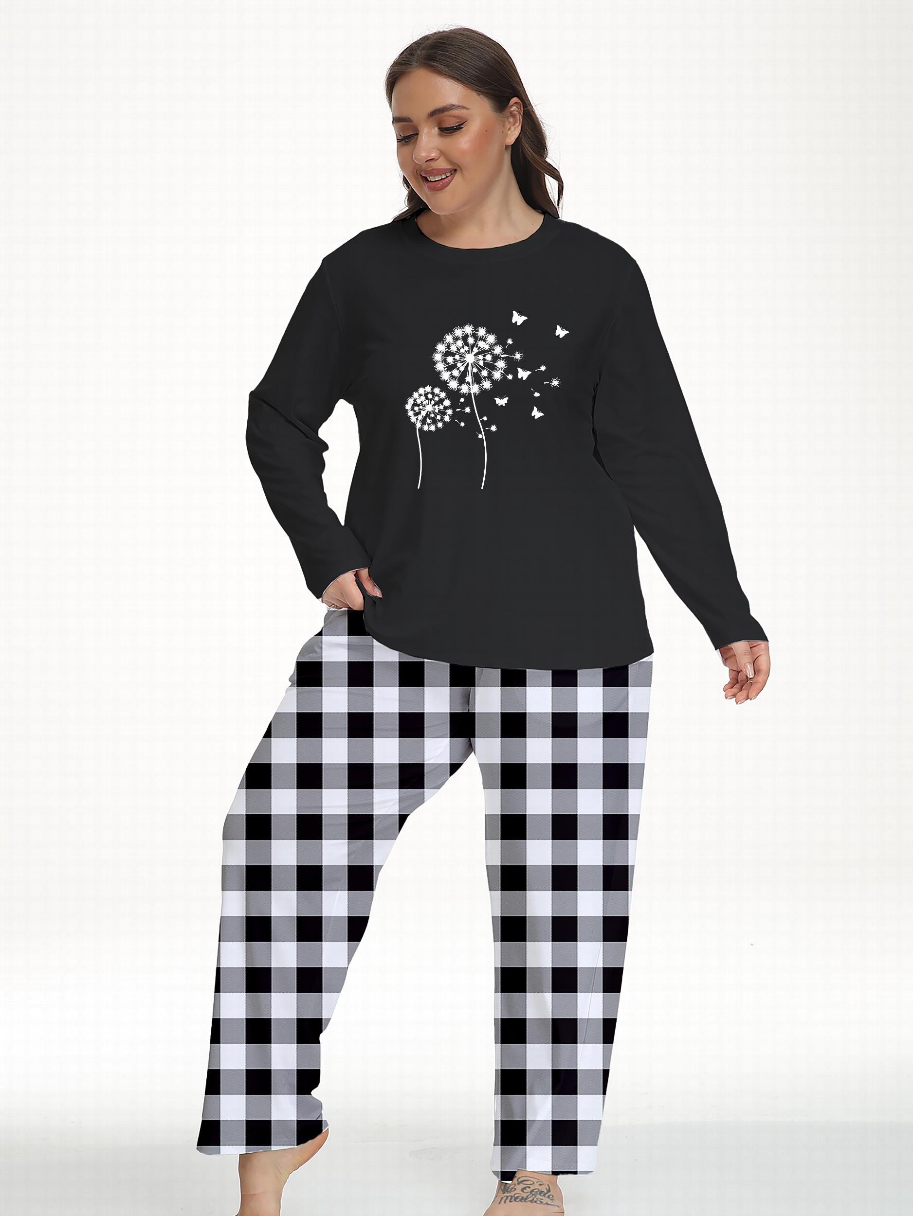  Colorblock Gingham & Dandelion Print Pajama Set