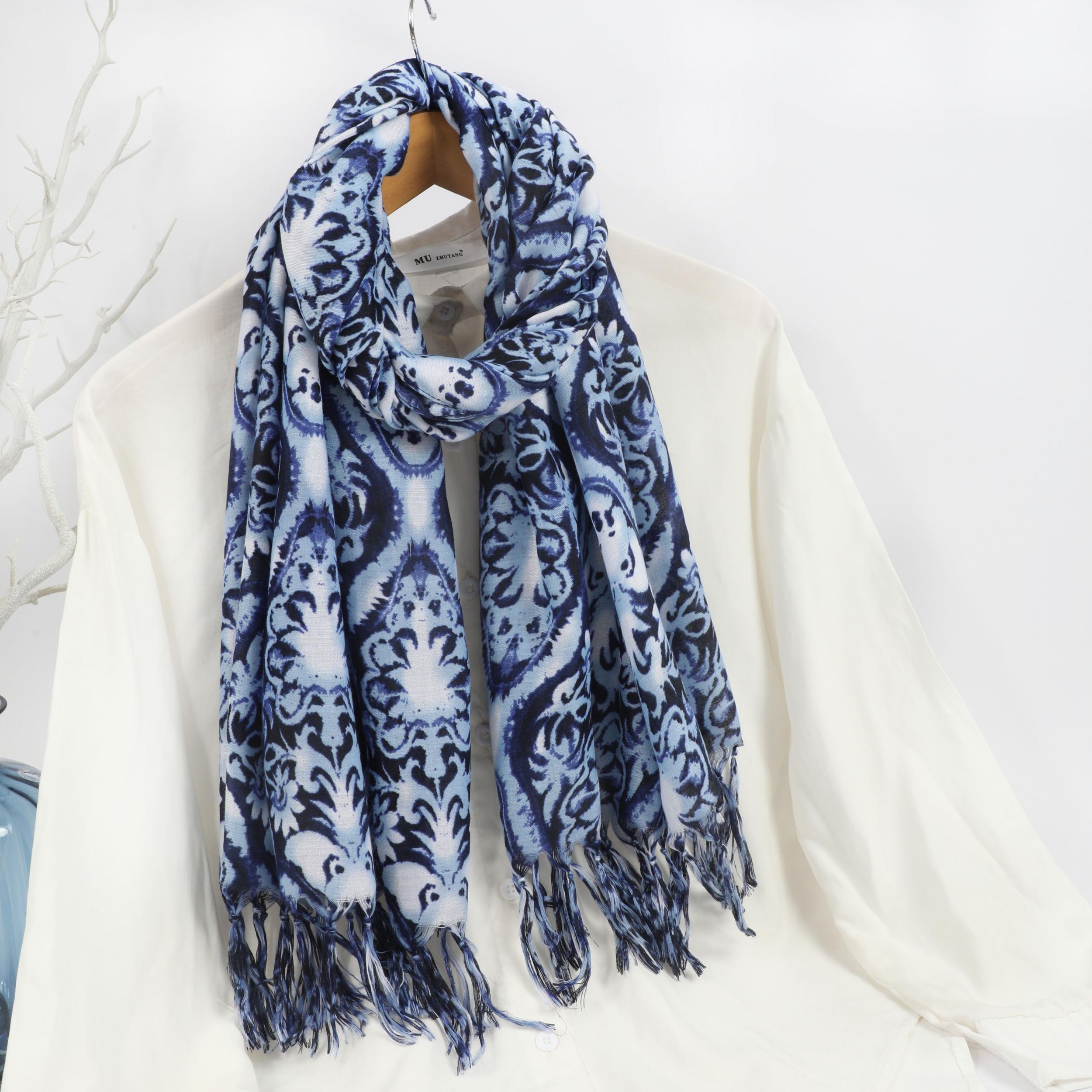 Men's Floral Ethnic Tassel Shawl Scarf