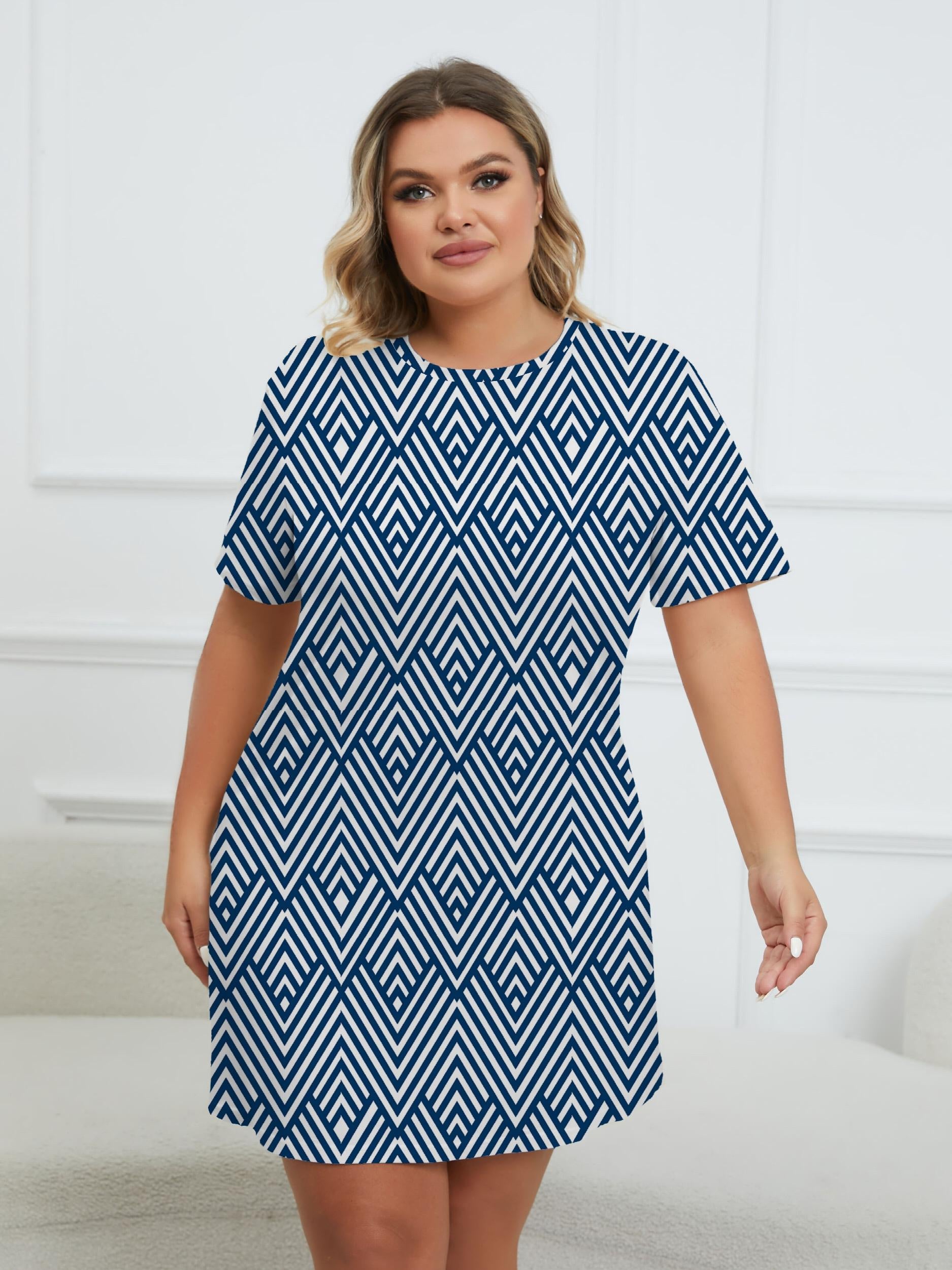  Geometric Print Round Neck Dress
