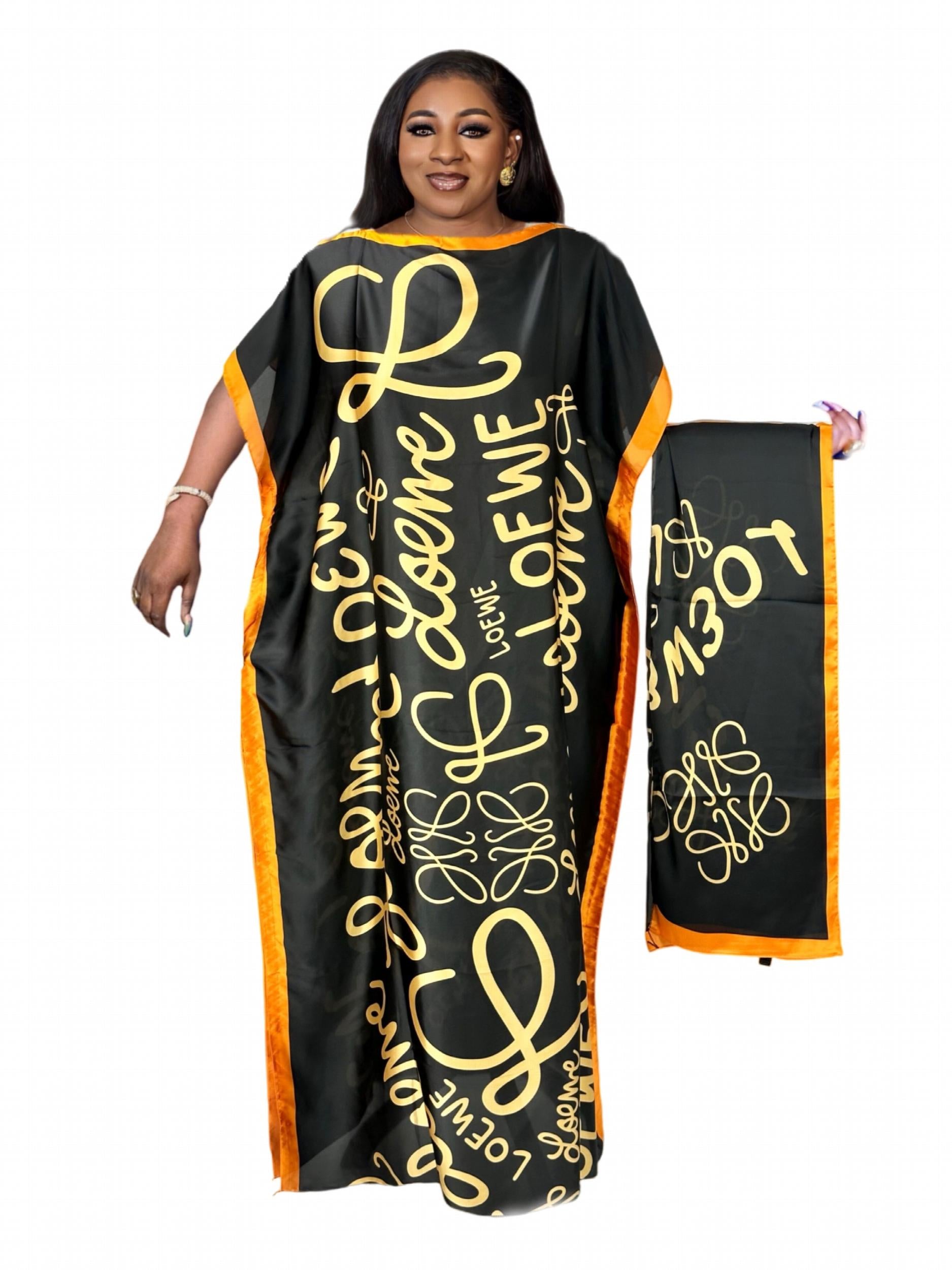  Colorblock Chain Print Maxi Kaftan Dress