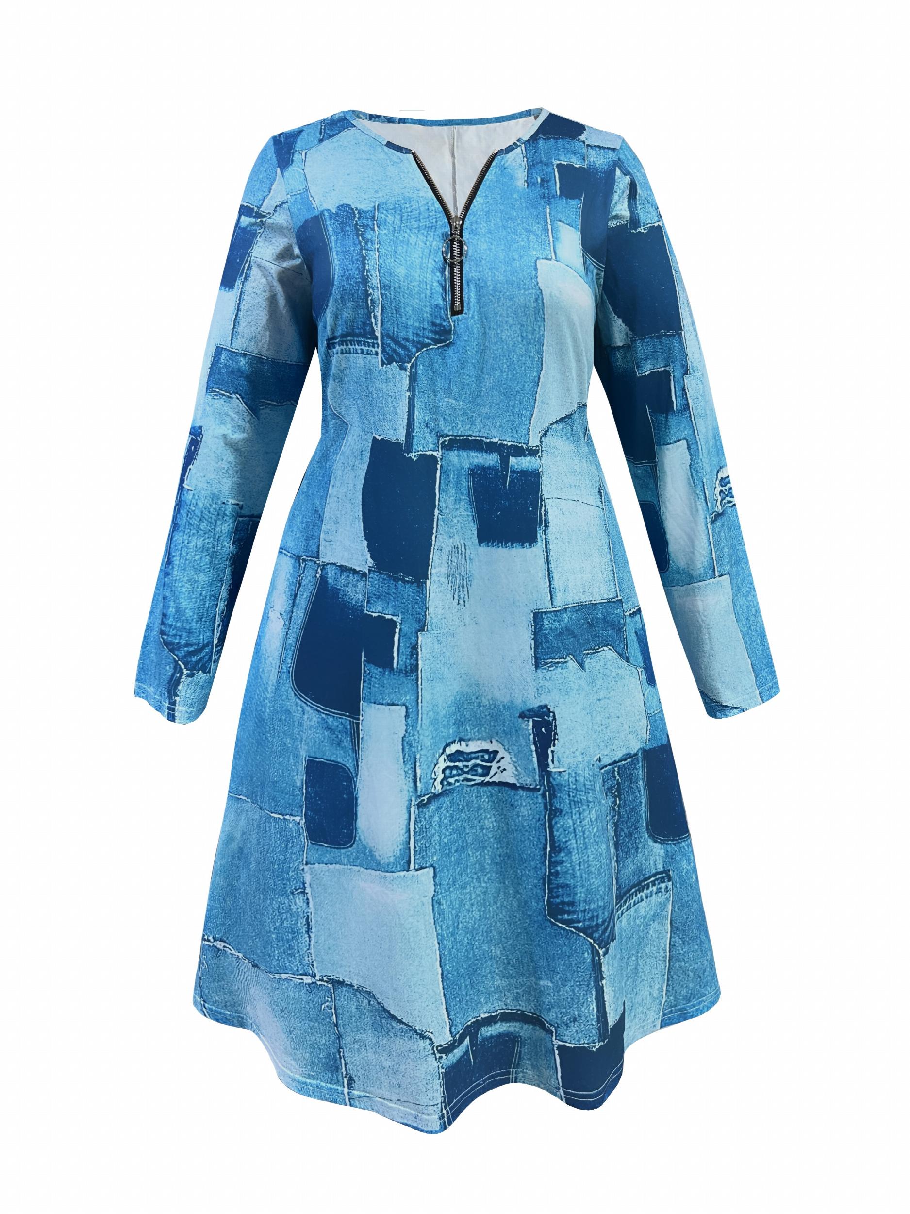  Denim Print Half Zipper Long Sleeve A-line Dress