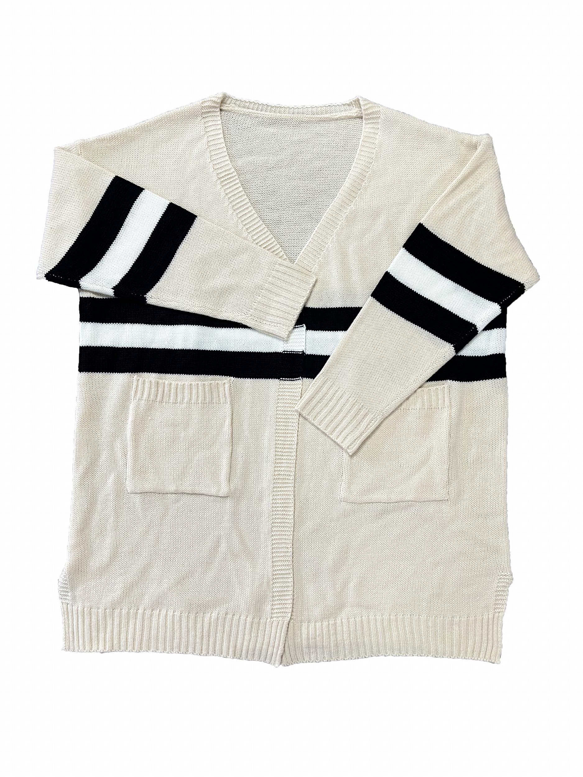  Striped Long Sleeve Open Front Cardigan With Pockets